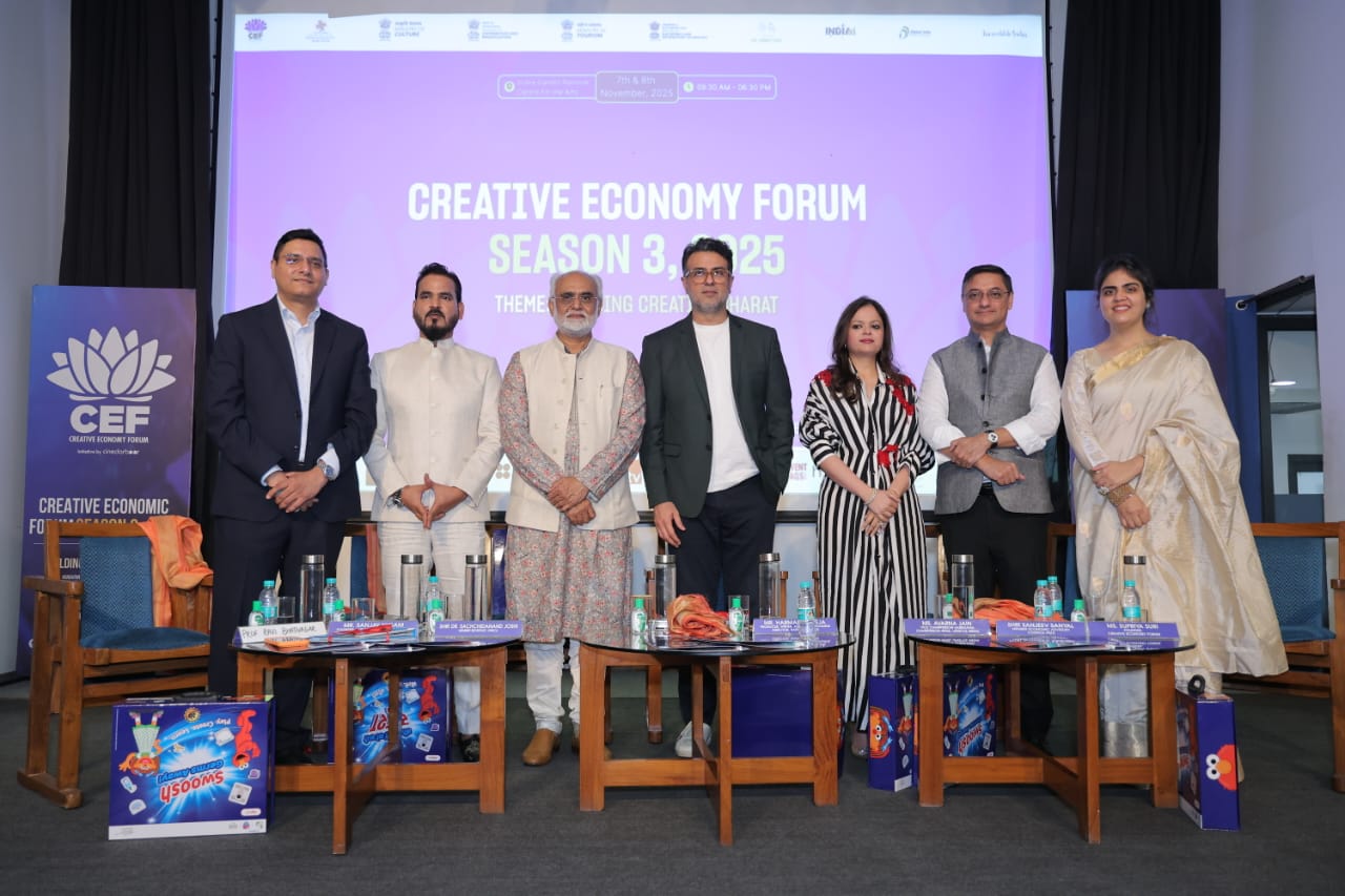 Creative Economy Forum 2025 Supriya Suri, Founder, Creative Economy Forum, Mr. Harman Baweja, Actor, Producer, and Entrepreneur, Ms. Avarna Jain, Chairperson,  RPSG Group, Sanjeev Sanyal, Economic Advisory Counc